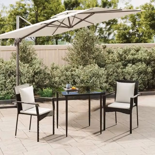 Set da pranzo da giardino moderno vidaXL in polyrattan nero con cuscini bianchi e tavolo in vetro quadrato