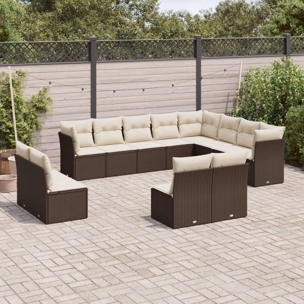 vidaXL Set Divani da Giardino a Forma di U composto da 12 Pezzi in Polyrattan Marrone e Bianco con Cuscini Imbottiti e Rivestimenti Rimovibili – 1