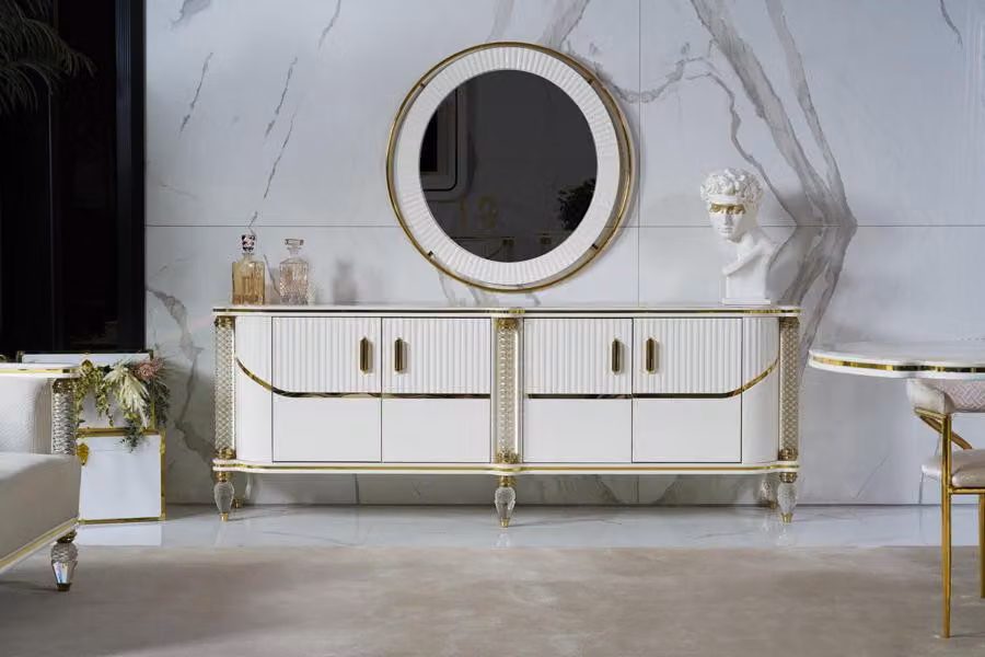 Credenza bianca con specchio, 4 ante, 4 cassetti, moderna