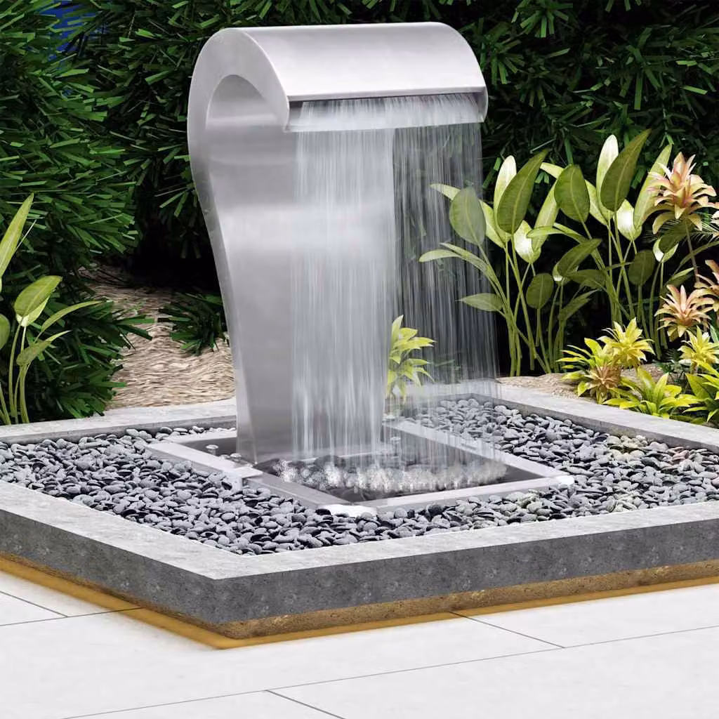 Cascata da giardino moderna vidaXL in acciaio inox e plastica, colore argento, L: 34 cm, P: 49 cm, H: 82 cm