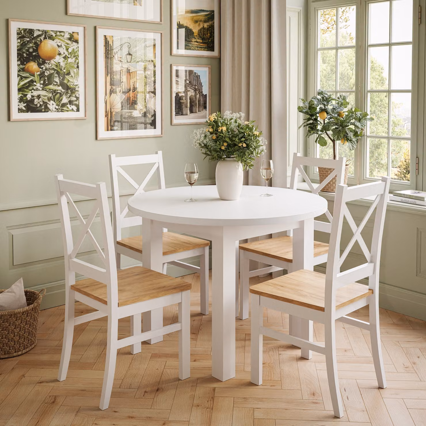 Set da pranzo OLEA: tavolo + 4 sedie bianco/bianco + bianco/rovere Craft 100 cm (+40)