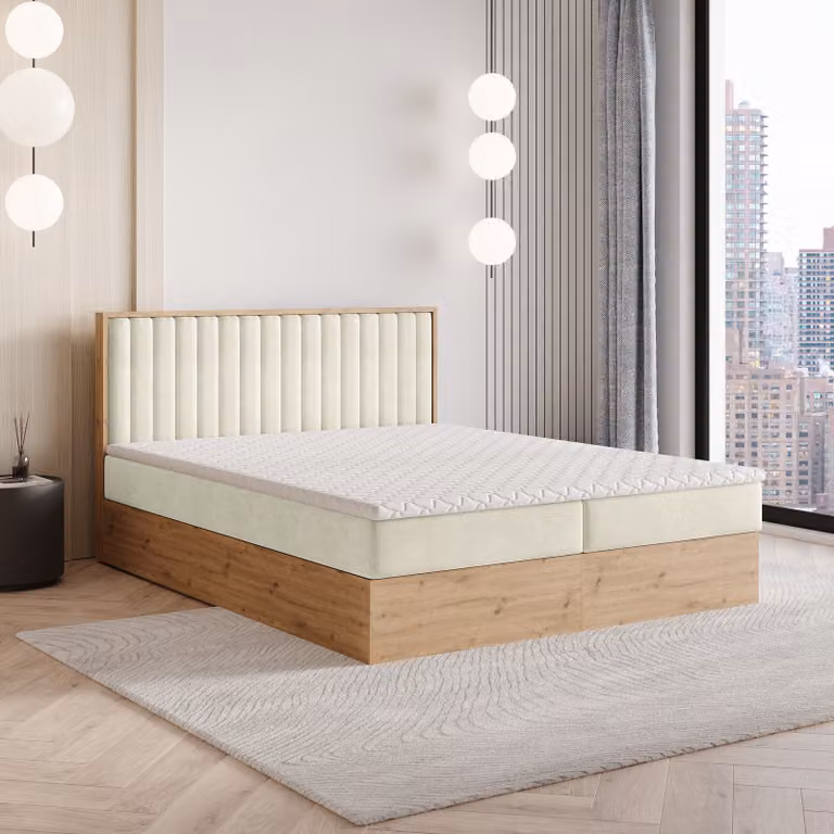 Letto a molle Masseno VARELI 160x200 cm completo di materasso e topper Bonell, letto imbottito con cassettiera - crema, SORO 02