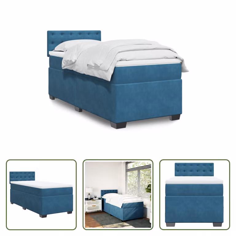 The Living Store Letto a molle con materasso blu scuro 100x200 cm in velluto