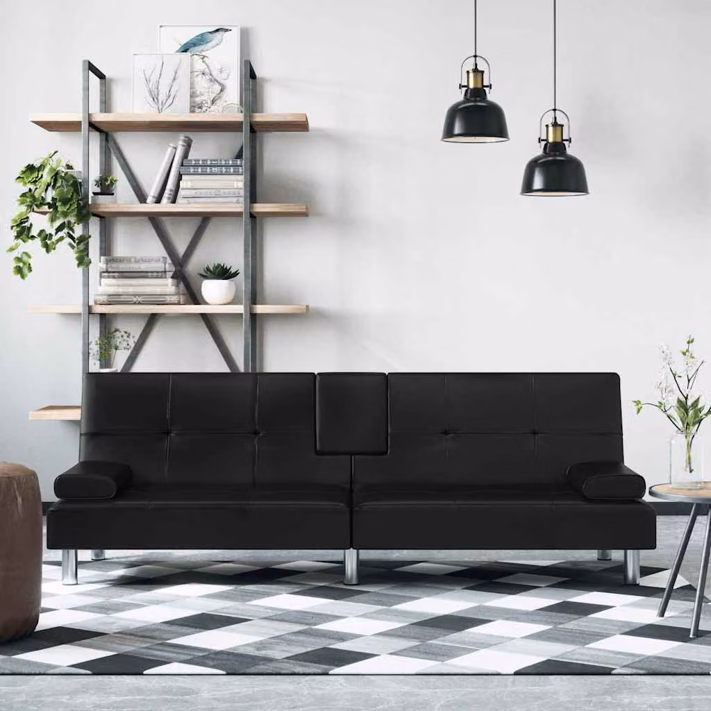 vidaXL Divano Letto Moderno in Similpelle Nero con Portabicchieri