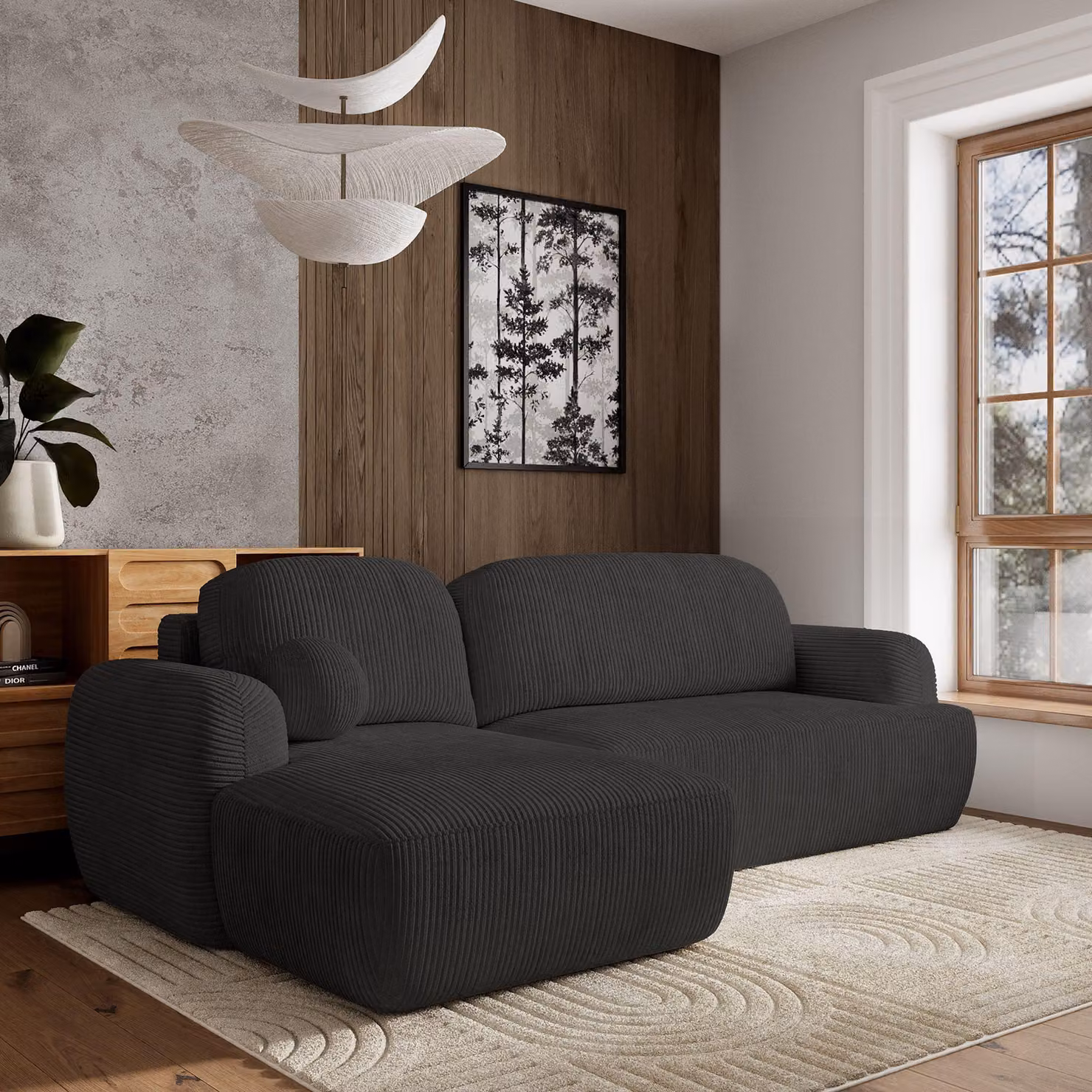 Divano angolare Masseno MODENZA P L-S con funzione letto a L, divano con box letto, divano da soggiorno, divano, divano letto, set divano - nero, POSO 135