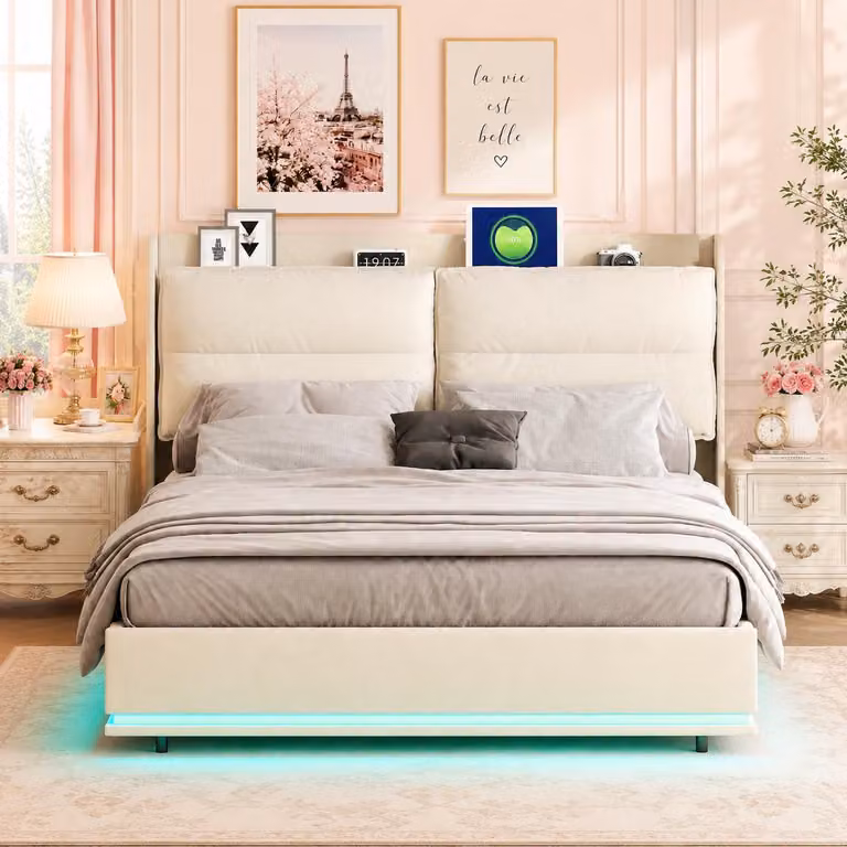 Letto imbottito INONEFT, 140x200 cm, con contenitore e rete a doghe, letto a molle con LED, porta USB di tipo C e ricarica wireless, letto matrimoniale con spazio contenitivo, rivestito in velluto color beige