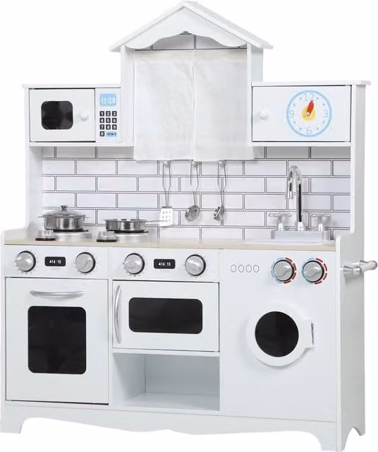 Cucina Giocattolo in Legno Minimal Bianca con Accessori e Lavandino H: 79,5 cm, L: 94 cm, P: 24 cm