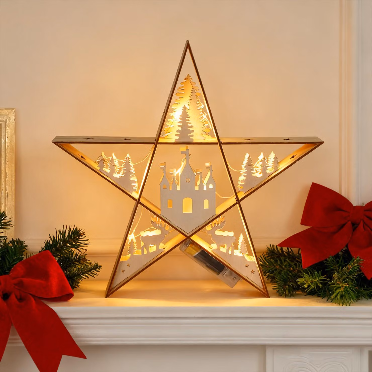 Stella di legno a LED, 30 cm, luce bianco caldo, alimentata a batteria, decorazione natalizia