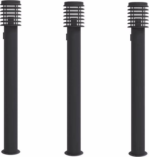 Set di 3 lampade da terra per esterni in acciaio inox e plastica, colore nero, con presa elettrica e protezione IP44, ideali per giardino e terrazza