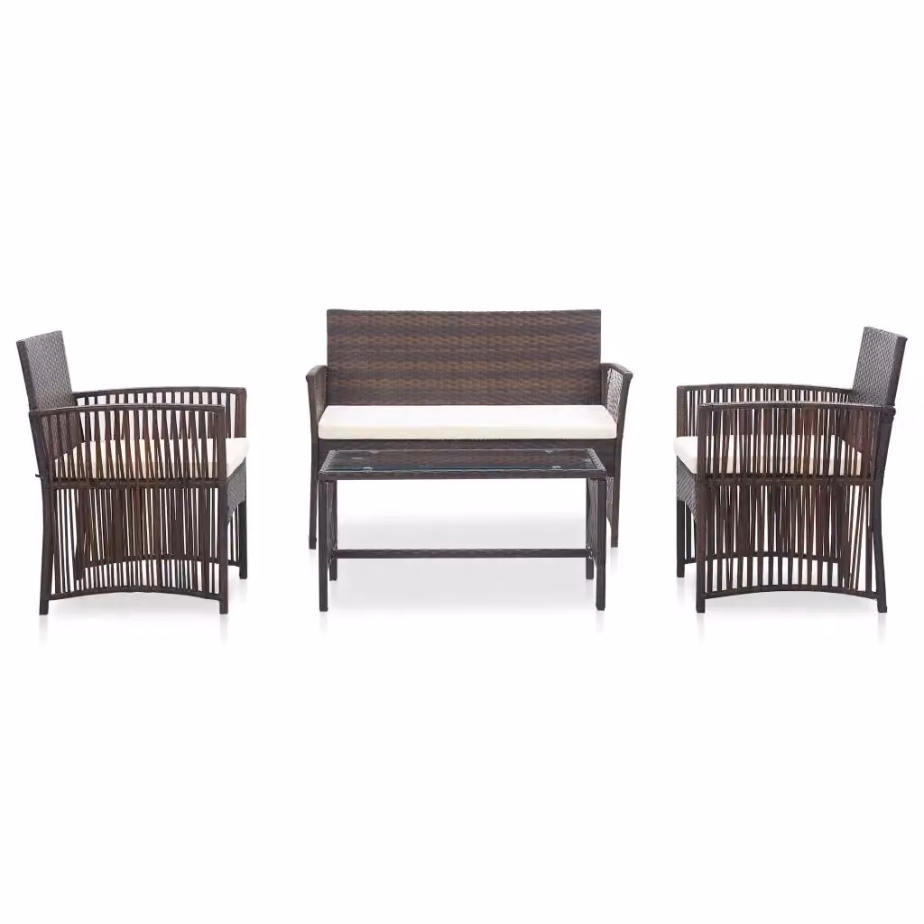 Set Salotto da Giardino 4 Pezzi in Polyrattan Marrone e Bianco con Cuscini e Tavolino da Esterno – 2