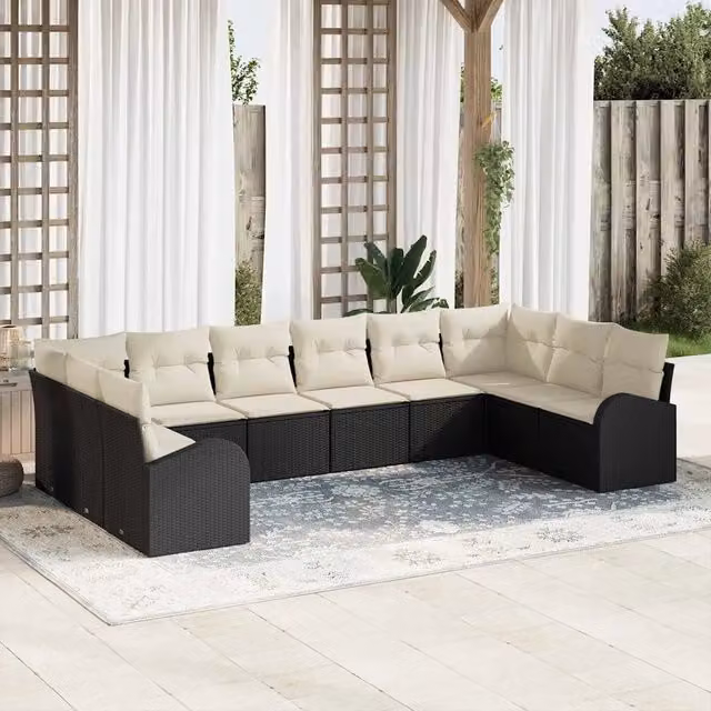 Set da giardino vidaXL composto da divano da esterno a 3 posti, elementi angolari e tavolino da caffè in rattan nero con cuscini inclusi – 1