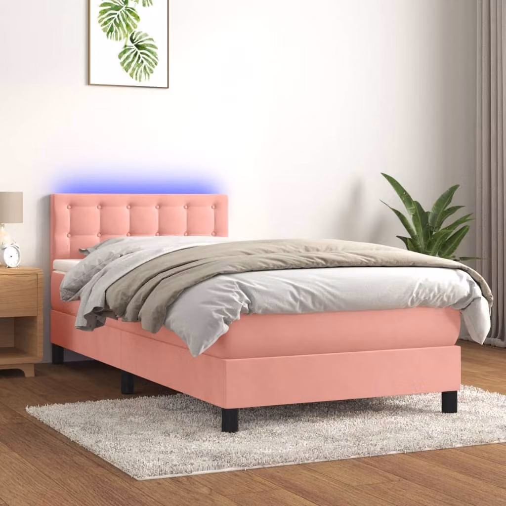The Living Store Letto a molle con materasso e LED Rosa 100x200 cm Velluto