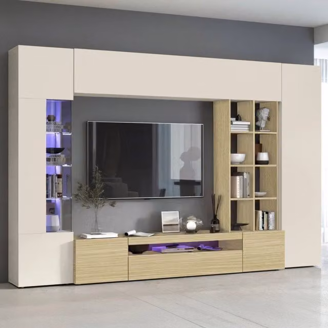 Parete attrezzata Sabbia DMORA con 14 ripiani, colore Marrone Rovere, L: 290 cm, P: 40 cm, H: 191.2 cm