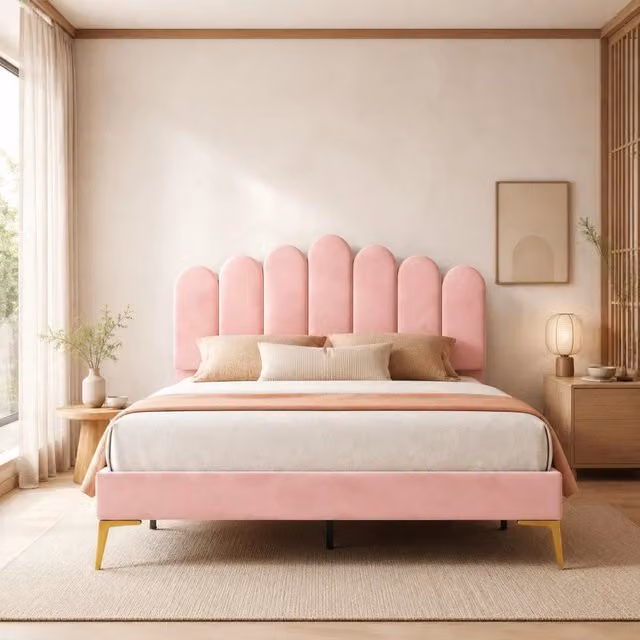 Letto imbottito 140x200 cm rosa, rivestito in velluto con testiera regolabile