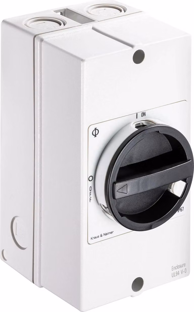 Interruttore principale Kraus & Naimer, 3 poli + 1NO/1NC, custodia AP, IP66, Ith=25A, P=7,5kW (AC23B, 400V AC), 6 mm², 1 pz.