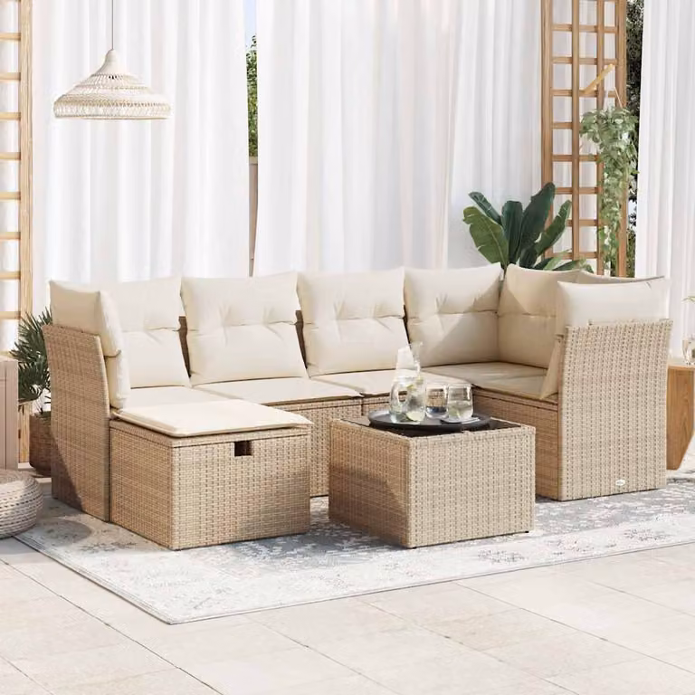 Set di divani da giardino vidaXL in 7 pezzi con polyrattan e cuscini beige per esterno