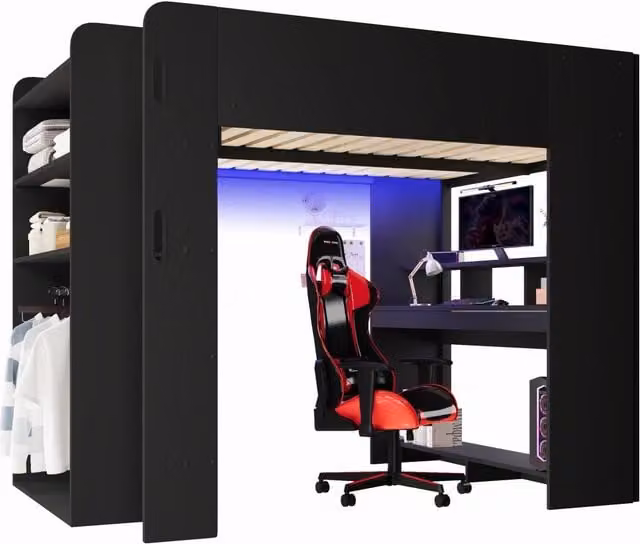Letto a soppalco 140x200 cm nero con scrivania e armadio in compensato e MDF