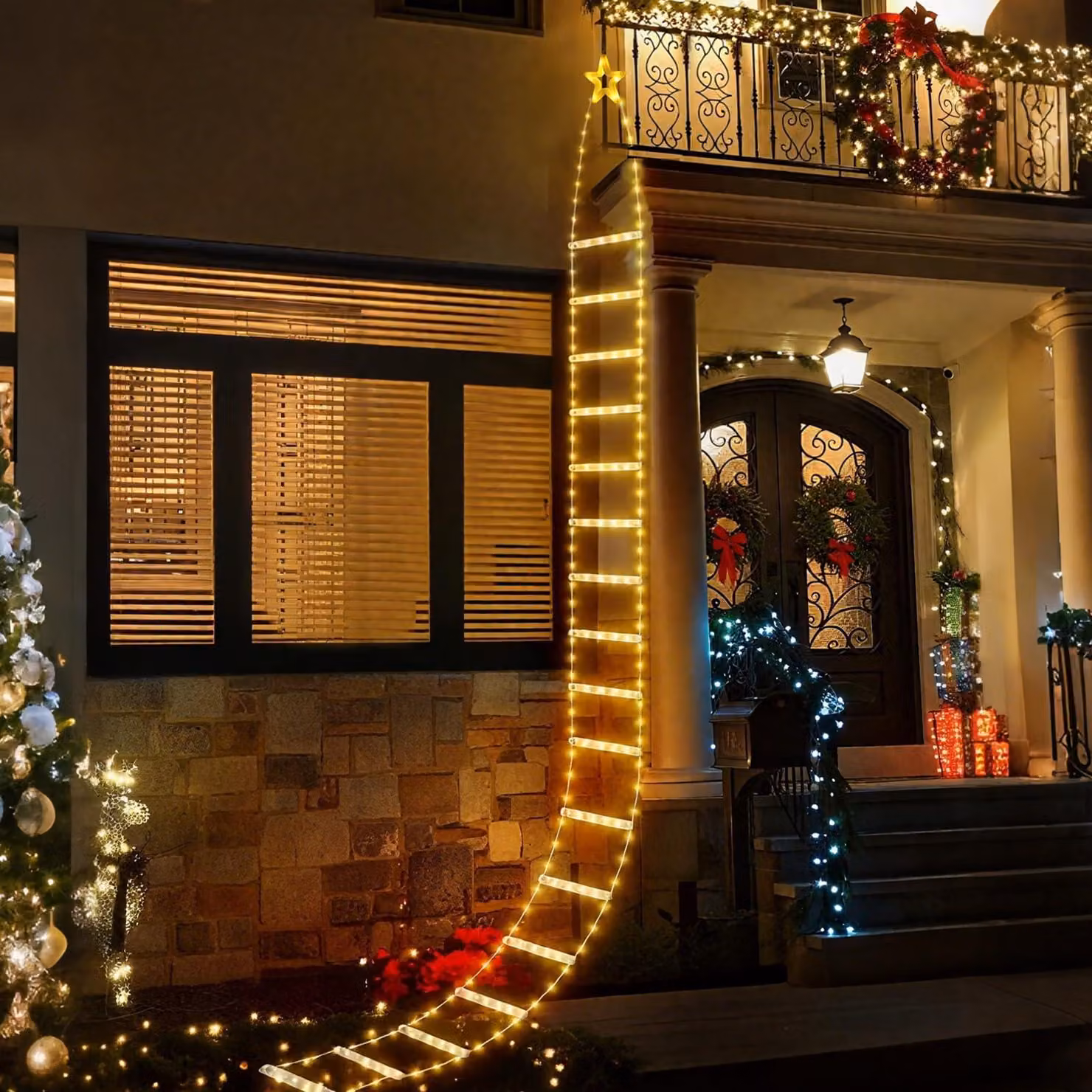 Catena luminosa a LED con Babbo Natale su una scala, 3 metri, luce bianco caldo, 8 modalità