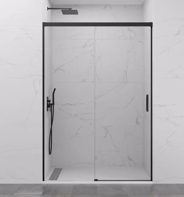 Box doccia frontale BASIC 1 fisso + 1 scorrevole 110-115 cm (41-46) nero opaco vetro trasparente
