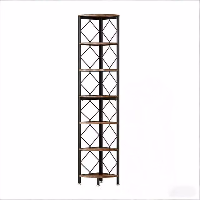 Libreria angolare a 7 ripiani con kit antiribaltamento, design salvaspazio per studio, in metallo e legno, nero e marrone