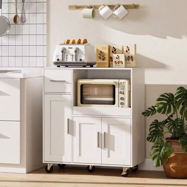 Mobiletto per microonde Maury's in legno bianco con cassetto, armadietti e ripiano aperto, L: 80 cm, P: 40 cm, H: 88.7 cm