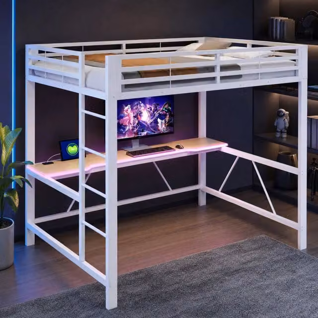 Letto a soppalco 140x200 cm con scrivania; LED e struttura in metallo; bianco