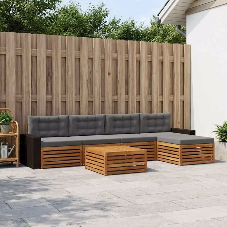 vidaXL Set di divani da esterno a L composto da 6 pezzi in legno di acacia con cuscini beige e antracite