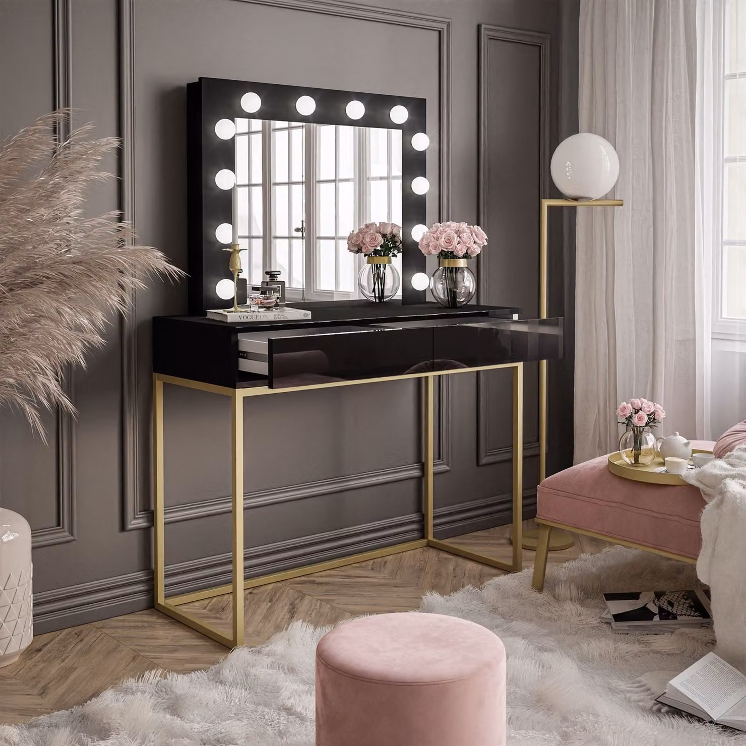 Tavolo da trucco BLANCO GOLD con specchio e illuminazione a LED Oro opaco / Nero lucido Push-to-Open