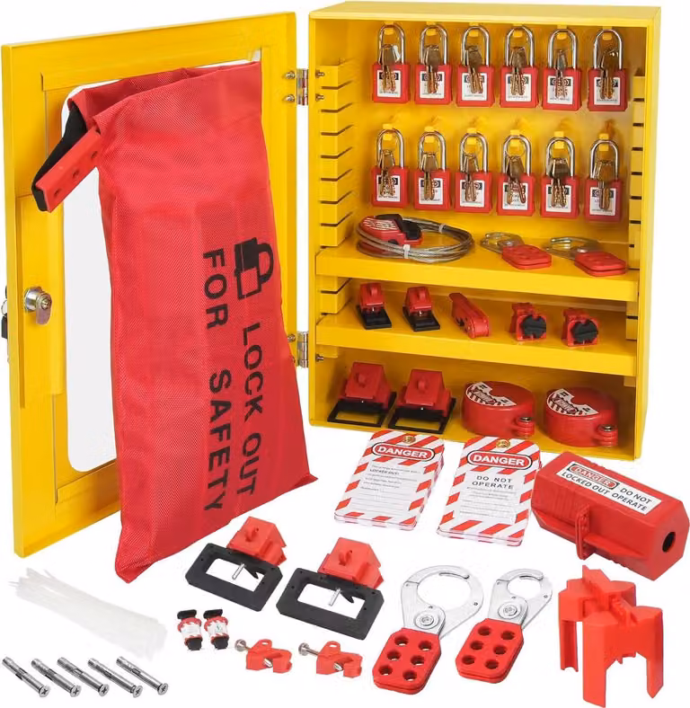Kit di blocco elettrico, stazione di blocco di sicurezza da 59 pezzi con lucchetti, cerniere, etichette, fascette, blocco spine, blocchi interruttori automatici, blocchi valvole, blocchi cavi, borsa di blocco, scatola