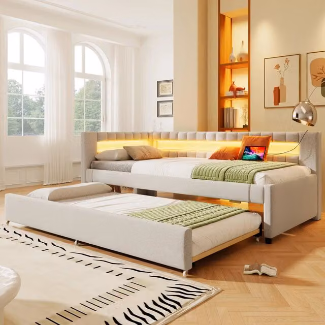 Letto da giorno 90 x 200 cm con striscia LED e telecomando, letto estraibile senza materasso, USB e Type-C, lino - Beige