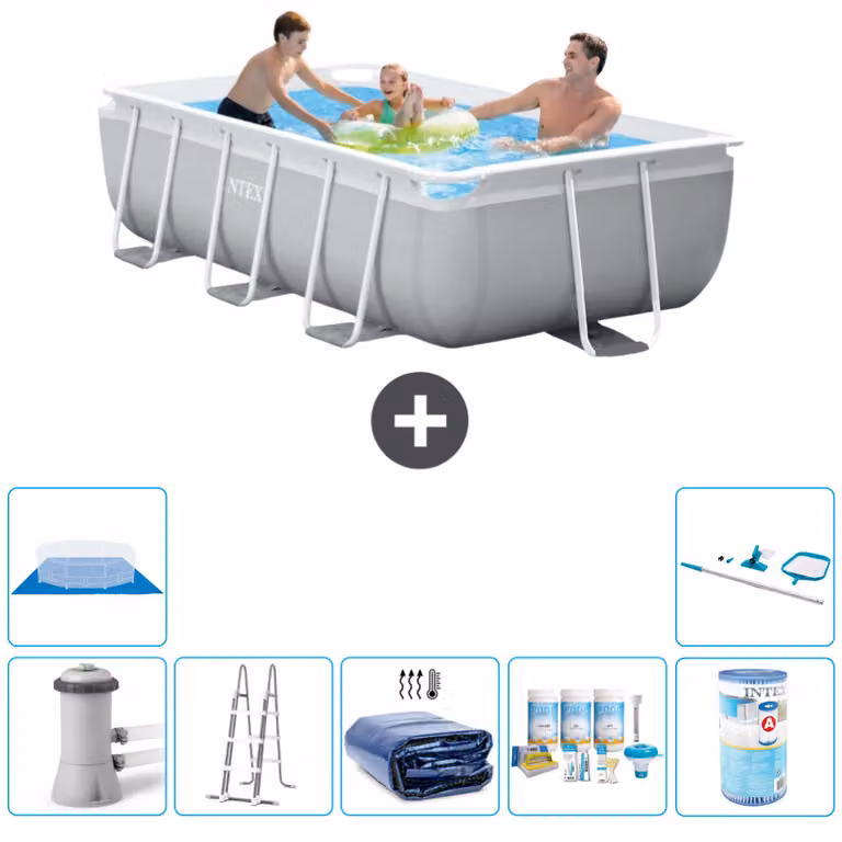 Piscina Intex con struttura a prisma rettangolare - 300 x 175 x 80 cm - grigio - compresa pompa - scaletta tenda da sole - pacchetto manutenzione - filtro - telo di fondo - kit di pulizia