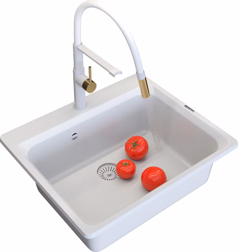 Granitan - Lavello in granito - Lavandino 61,9x52,2 cm - Lavello bianco - con miscelatore - ZANTE