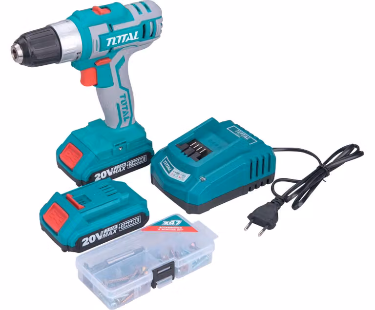 Avvitatore a batteria Total TDLI2002E Trapano avvitatore a batteria, 20V Li-Ion (2x), 2000mAh, in borsa, set da 47 pezzi