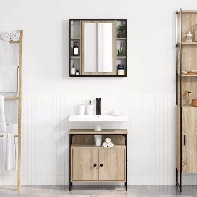 Set di mobili da bagno moderno vidaXL composto da mobile lavabo e armadietto con specchio marrone L/P/H: 60 x 30 x 60 cm
