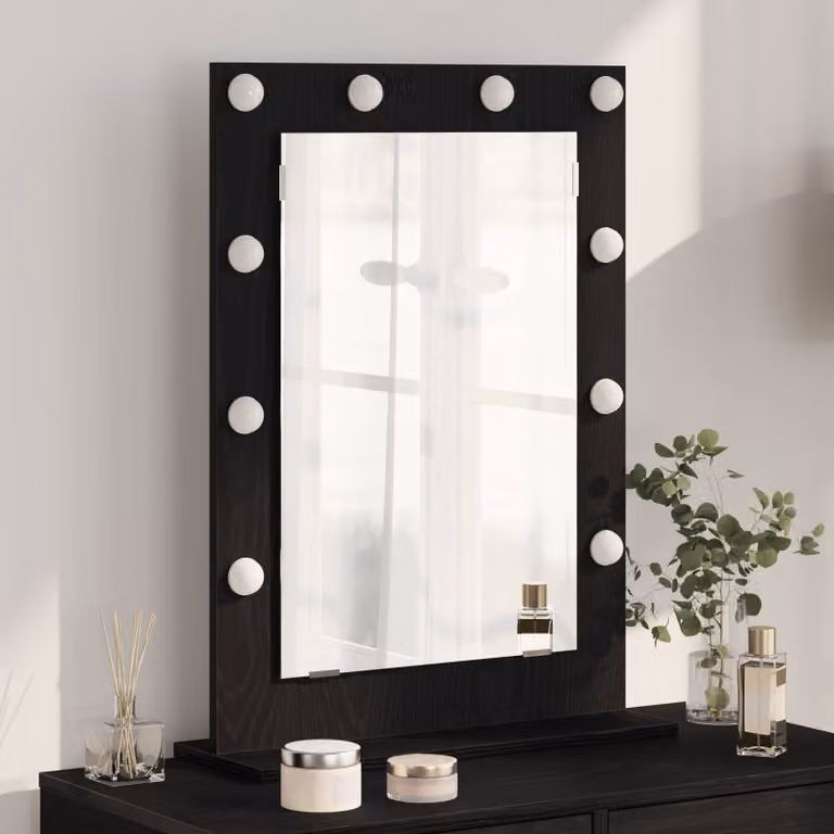 Specchio da Vanità vidaXL con Luce LED e Ricarica USB, Design Moderno Rettangolare, Nero, L: 70 cm, P: 50 cm, H: 18 cm