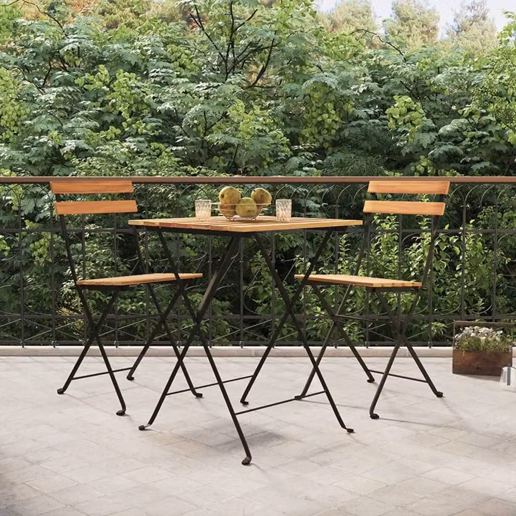 The Living Store Set Bitro 3 pezzi pieghevole in legno massiccio teak e acciaio
