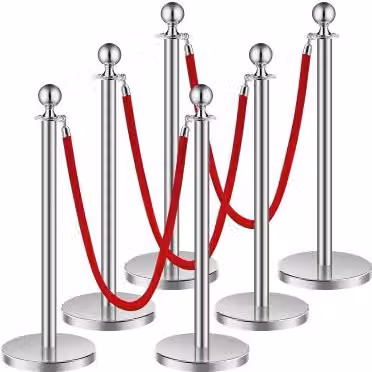 Set di 6 paletti di sostegno VEVOR in acciaio inox argentato con 3 corde di velluto rosso per barriere di controllo della folla, Altezza: 1,5 m