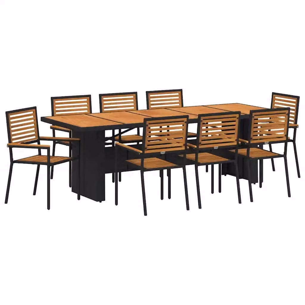 Set da pranzo per giardino e terrazzo vidaXL in polyrattan e legno di acacia, 9 pezzi, Nero e Marrone – 2