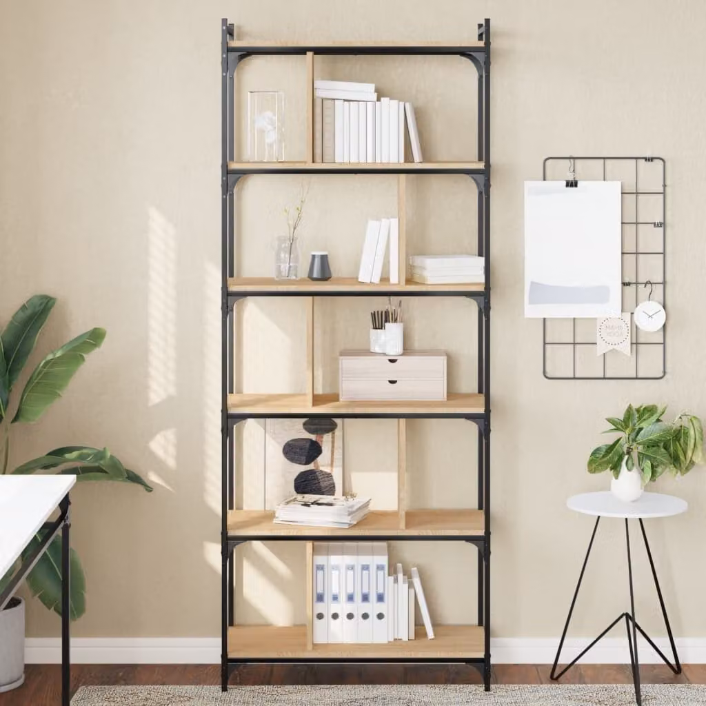 Libreria vidaXL in stile industrial con 6 ripiani, Rovere Sonoma e metallo, marrone, L: 76 cm, P: 32 cm, H: 192 cm