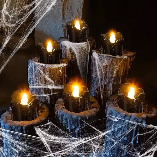 Set di 12 candele LED nere Unyqoos®, alimentate a batteria, con effetto fiamma tremolante, in plastica, adatte per interni ed esterni, ideali per decorazioni di Halloween