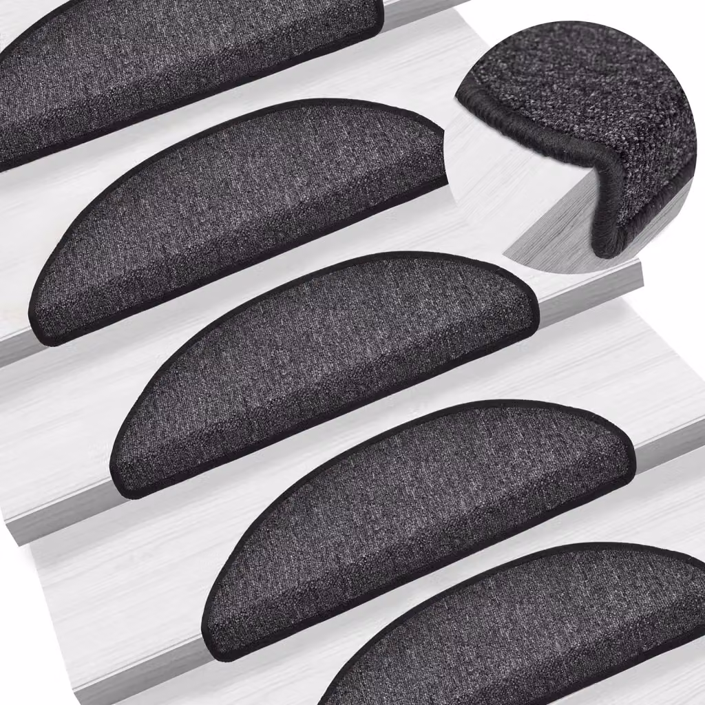 Set di 15 tappetini per scale vidaXL antiscivolo e fonoassorbenti in polipropilene, colore antracite, L: 56 cm, P: 17 cm, H: 3 cm