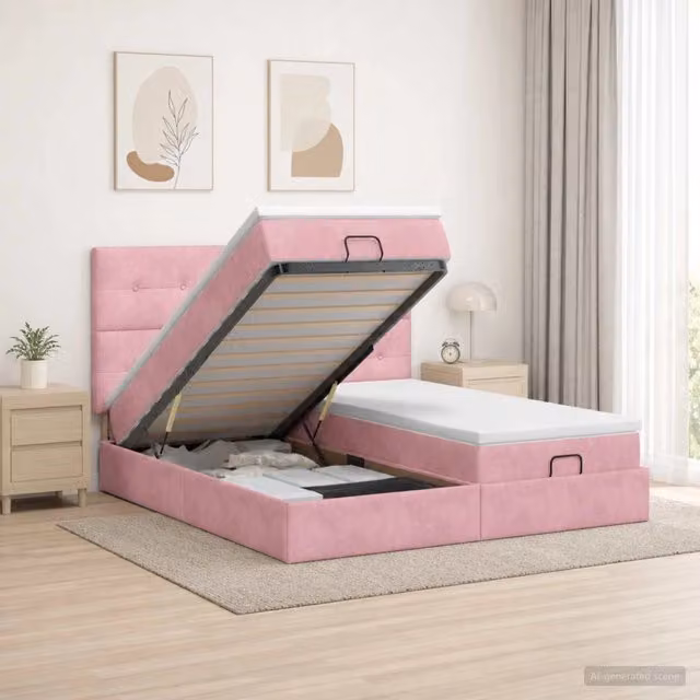 Letto ottomano con contenitore e materasso vidaXL in velluto rosa, L/P/H: 160 x 200 x 88 cm