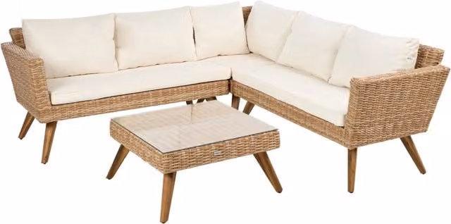 Set da giardino Beliani in rattan con divano ad angolo a L da 6 posti, tavolino e cuscini, colore bianco e beige, stile rustico – 1
