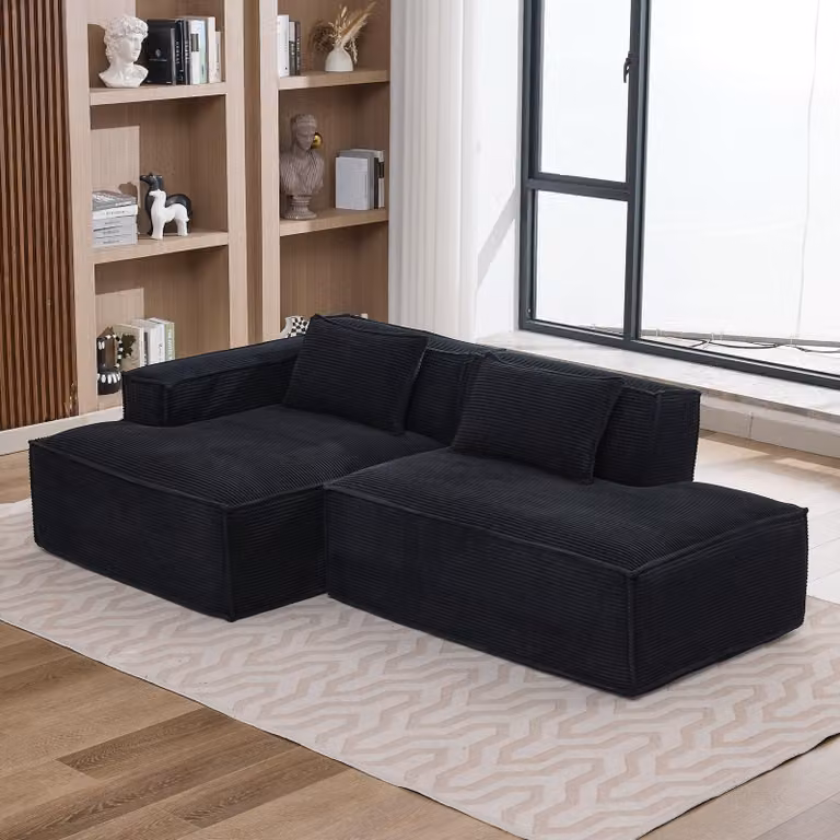 Divano componibile LVHOM in tessuto corduroy, 233 cm, divano lounge a terra a 2 posti con chaise longue, divano di facile manutenzione per il soggiorno, da montare, nero