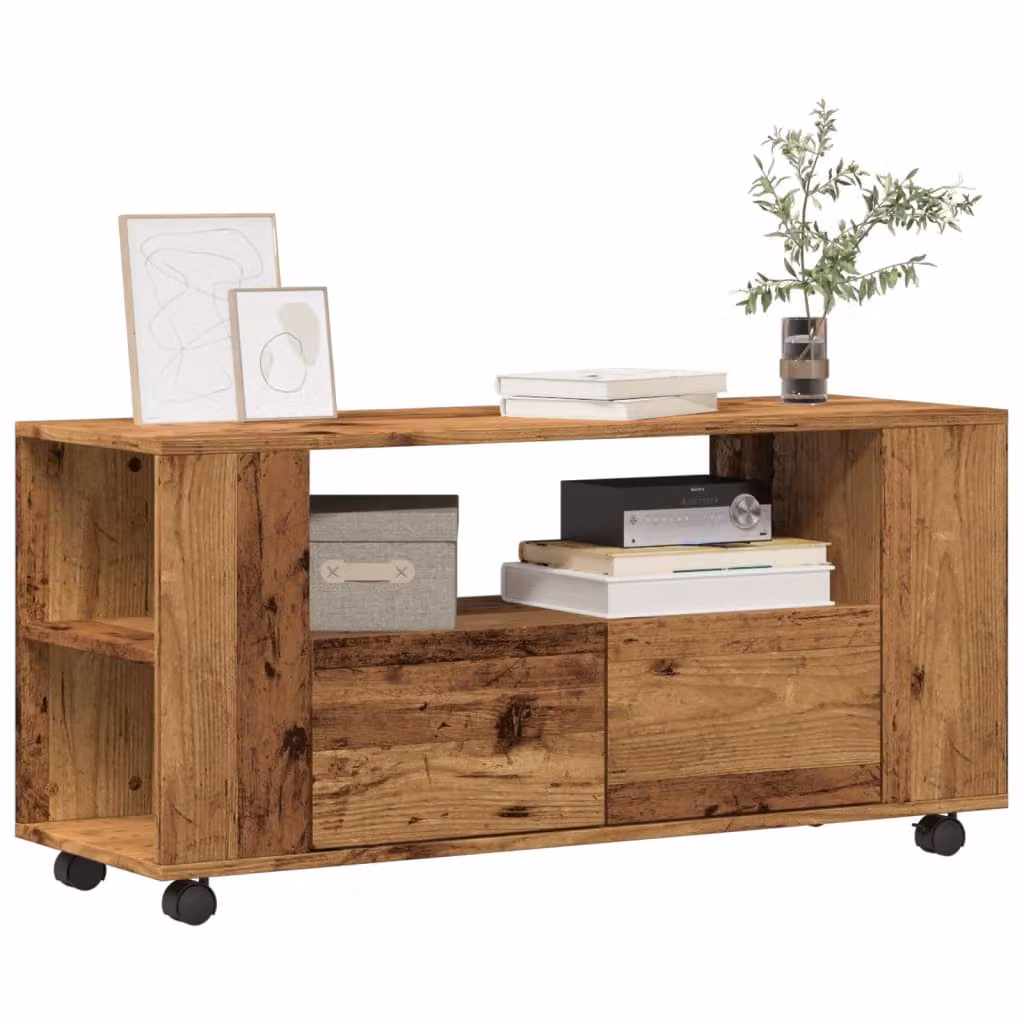 vidaXL Mobile Porta TV con Ruote in Legno Antico Marrone L: 102 cm, P: 34,5 cm, H: 43 cm