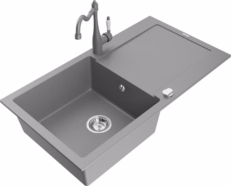 Mexen Leo lavello in granito monovasca con scolapiatti e miscelatore da cucina Carla, grigio - 6501-71-670700-71