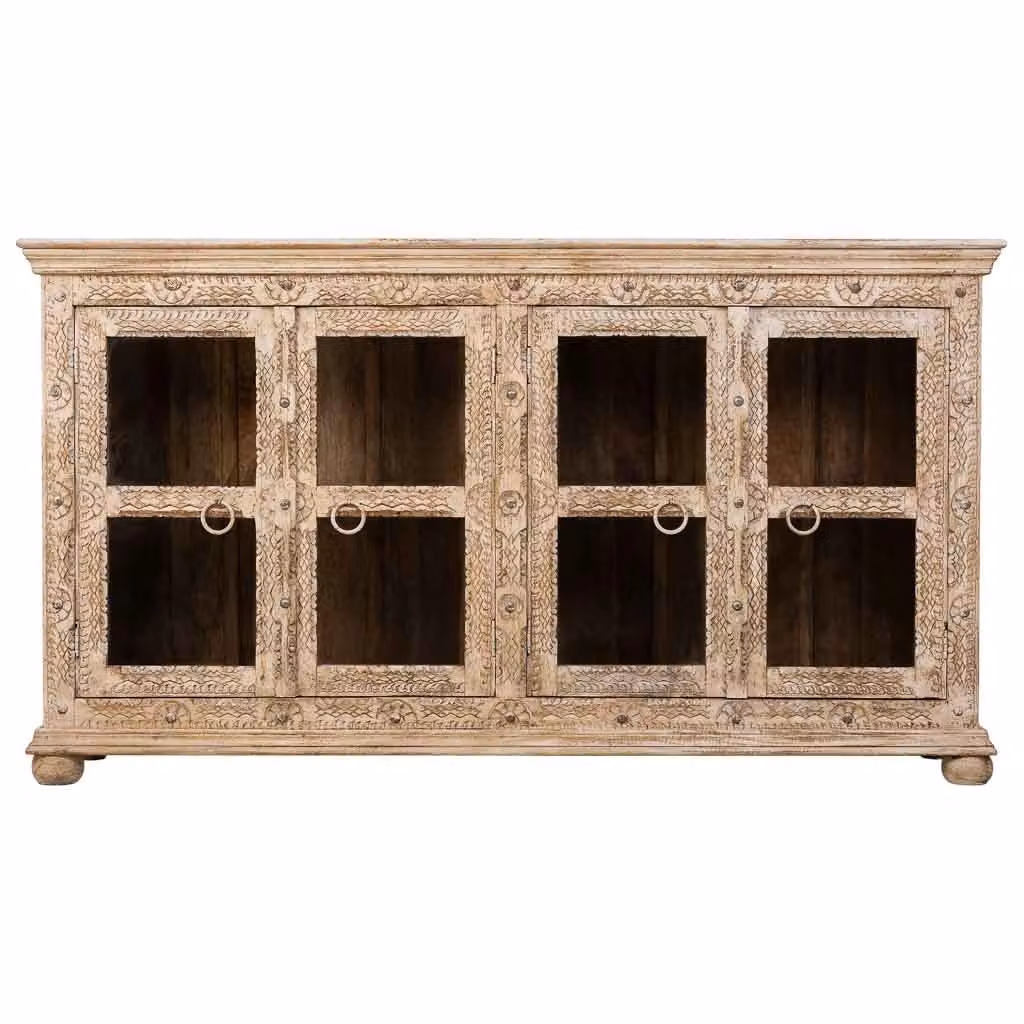 Credenza Wanderlust Deco in legno di mango beige con ante in vetro e decoro floreale L: 180 cm, P: 43 cm, H: 100 cm – 2