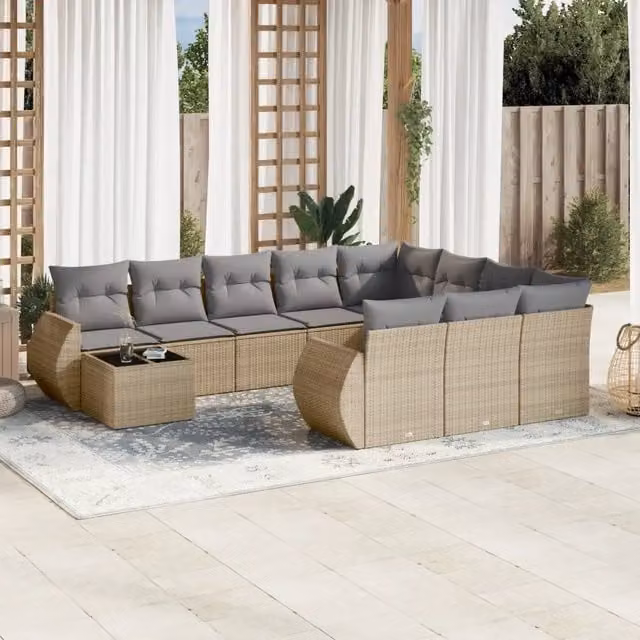 vidaXL Set di Divani da Giardino 11 pz in Polyrattan con Cuscini Beige e Tavolino da Esterno