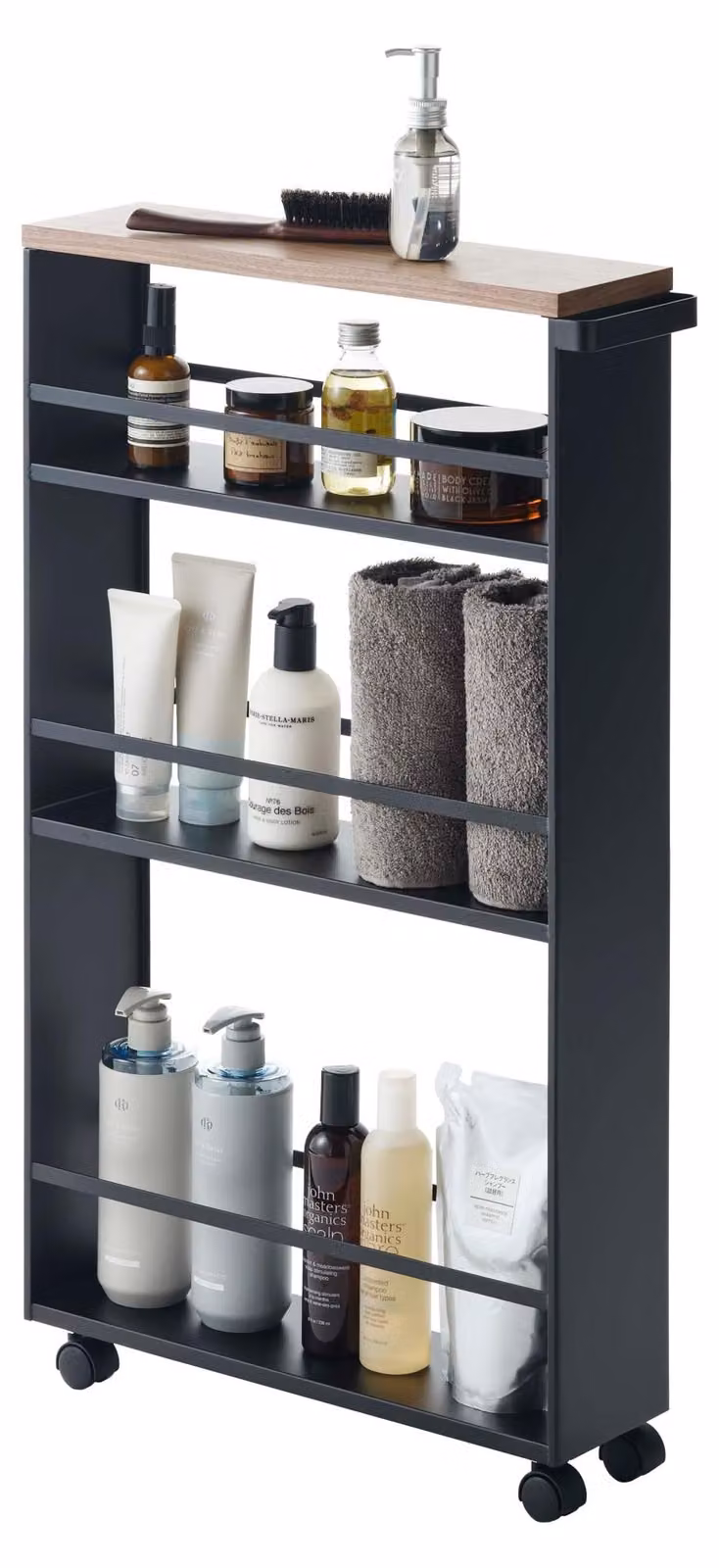 Carrello da cucina Yamazaki Carrello da nicchia stretto con rotelle nero Carrello in metallo a 3 ripiani e ripiano in legno 13x80x47cm