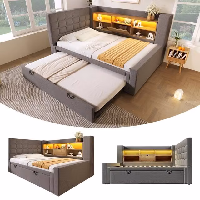 Letto 90x200 estraibile 90x190 LED testiera L lino grigio